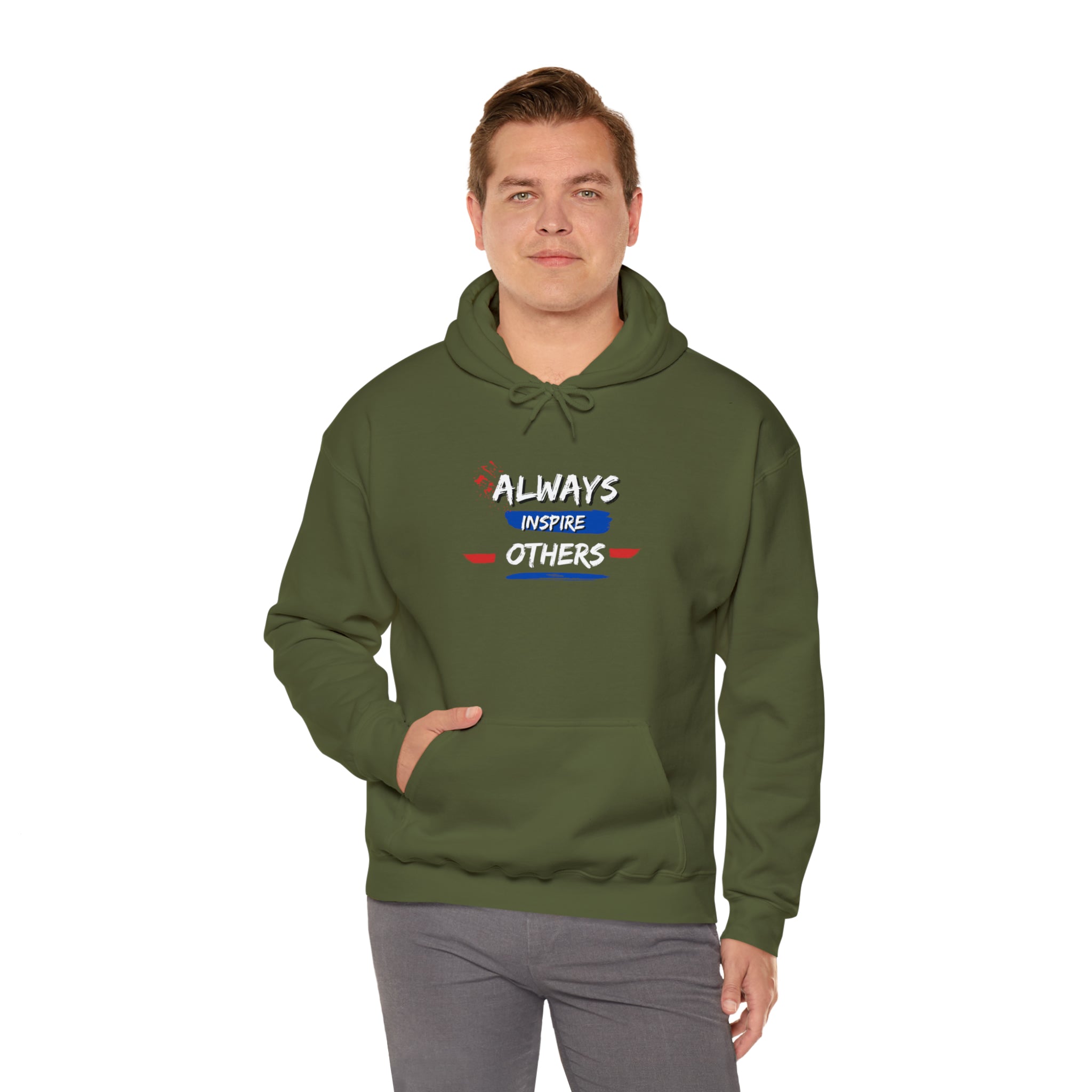 Adult male wearing army green  hoodie with "Always Inspire Others" image on front.