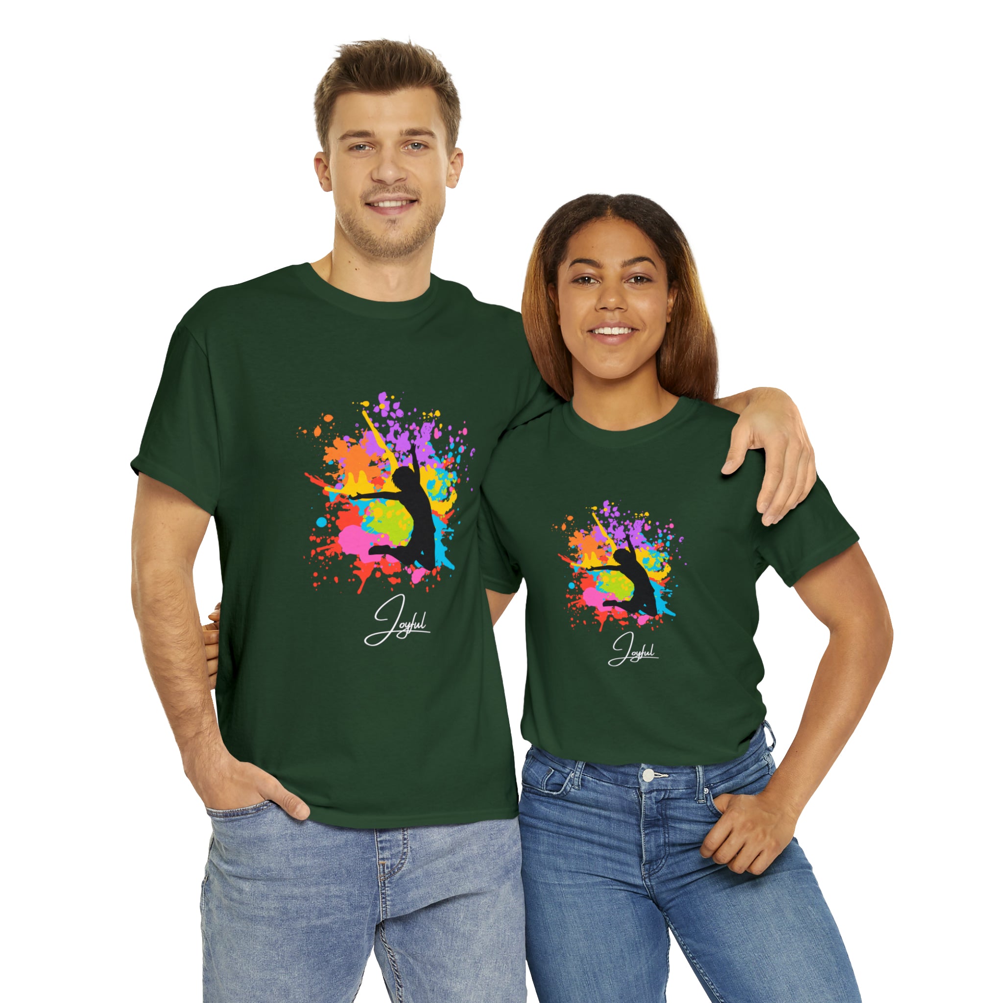 Adult Male and Female wearing forest green  T-Shirts with" Joyful" inspired graphic on front.