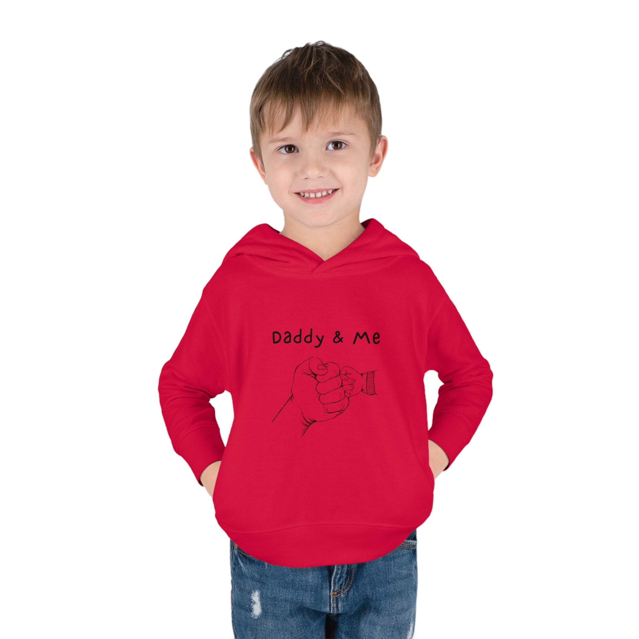 Toddler boy red hoodie " Daddy & Me" with fist bumps hands on front.