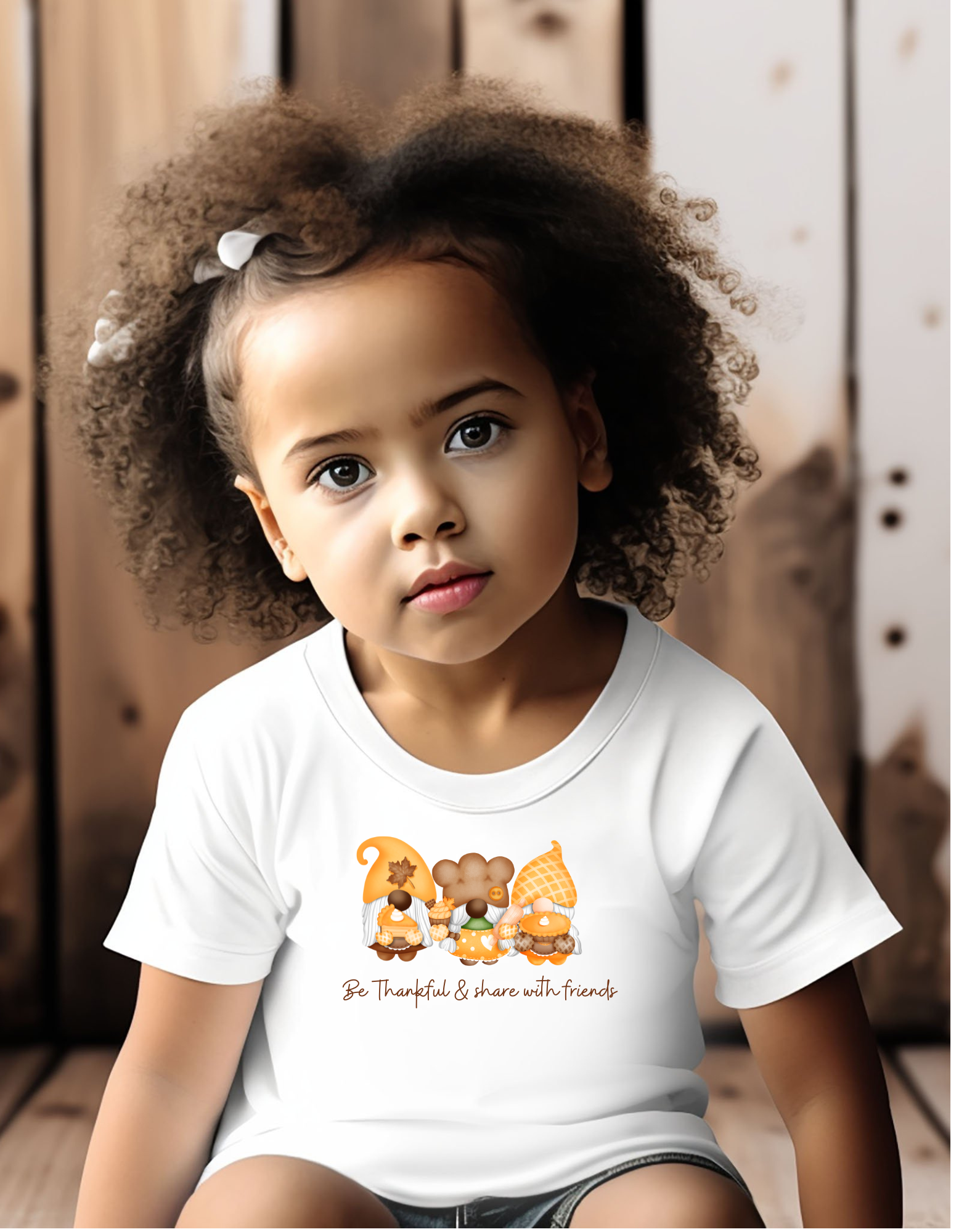 Toddler girl wearing white T-shirt with Gnome image, Be Thankful & Share with Friends.