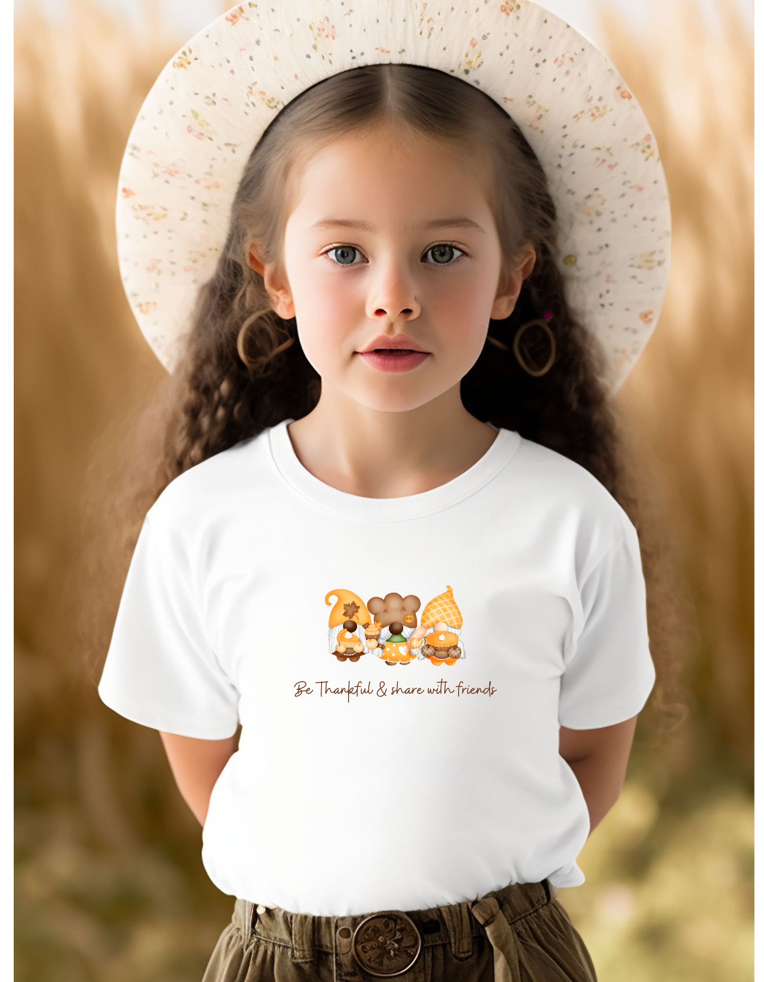Youth girl wearing unisex white T-shirt with Gnome image, Be Thankful & Share with Friends.