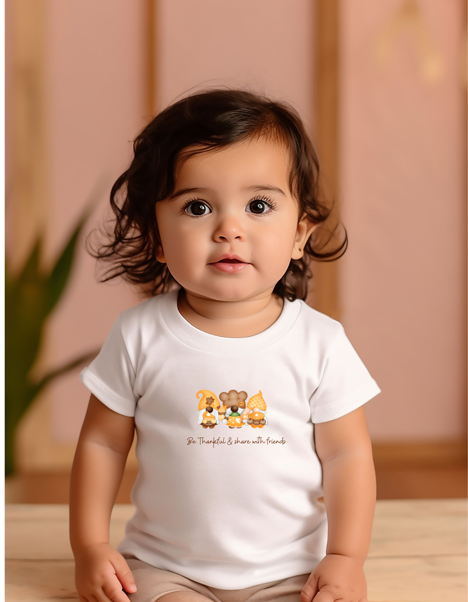 Infant Girl wearing white T-shirt, Be Thankful  & Share with friends Gnome images on front.
