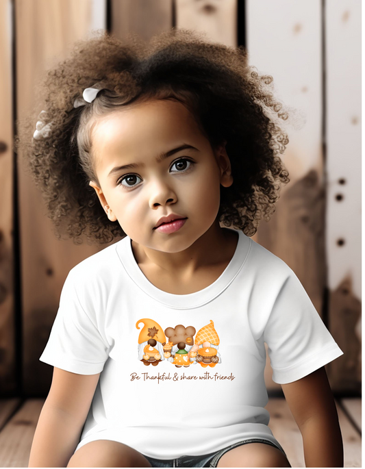 Toddler girl wearing white T-shirt with Gnome image, Be Thankful & Share with Friends.