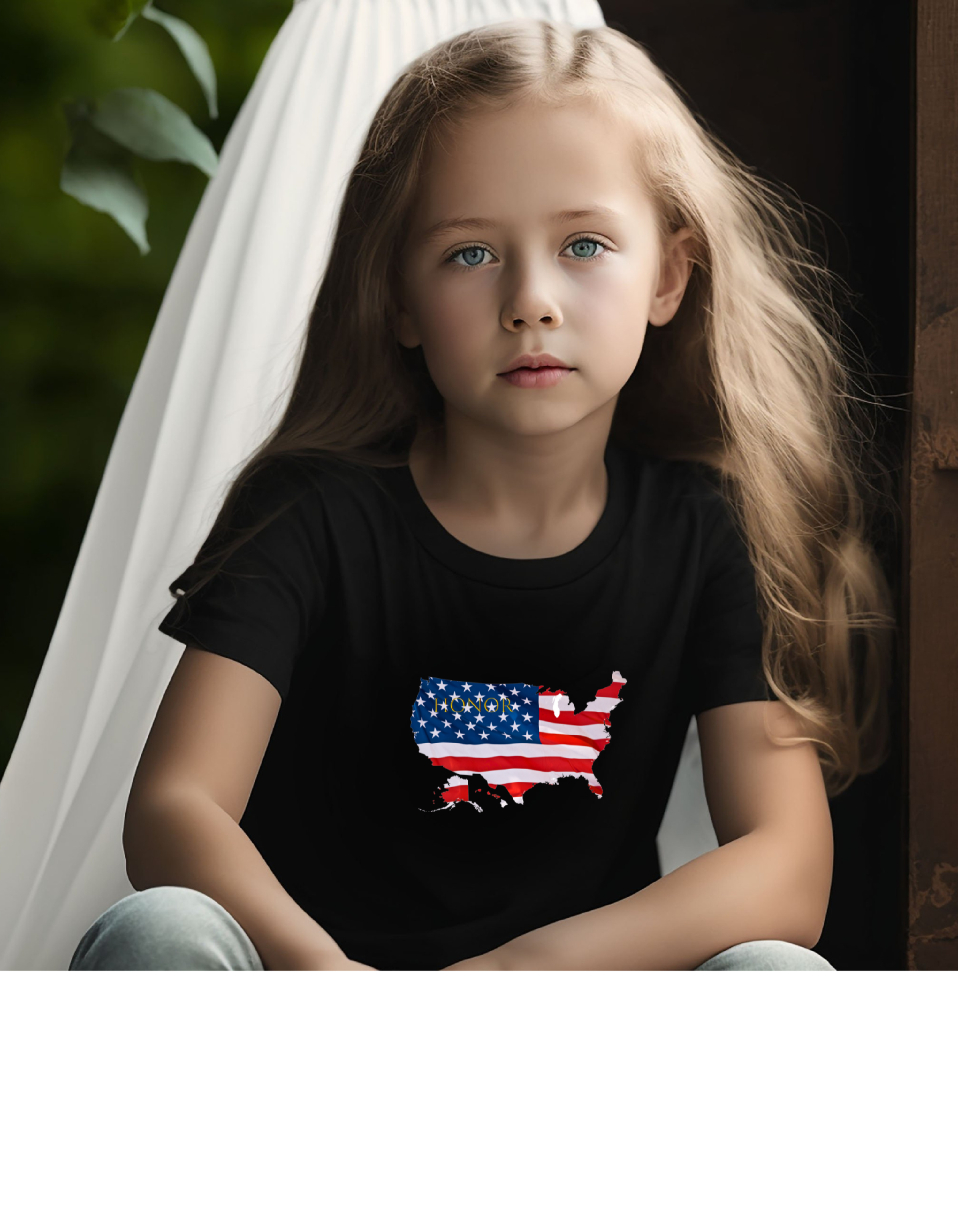 Youth Girl wearing black T-shirt with "Honor USA" inspired American as a Flag graphic on front