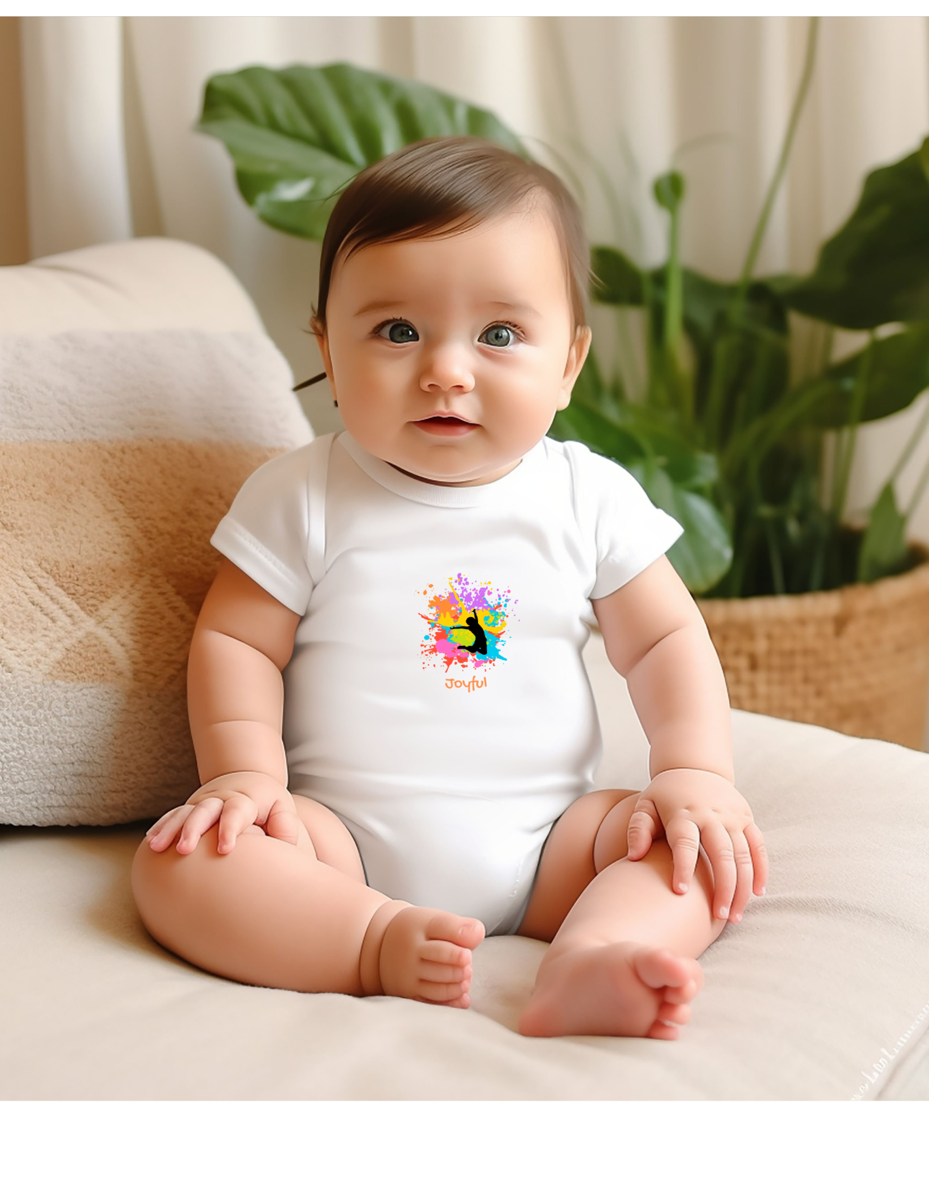 Infant boy wearing white onesie with" Joyful" inspired graphic on front.