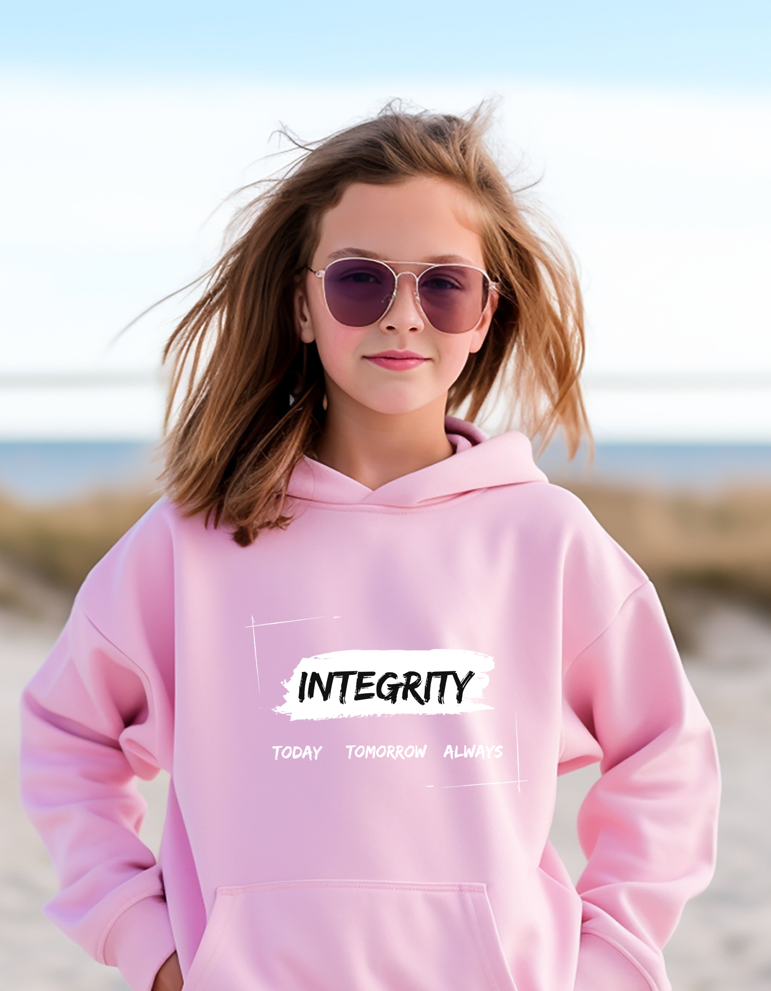Youth girls wearing pink hoodie " Integrity Today Tomorrow Always" inspired image.