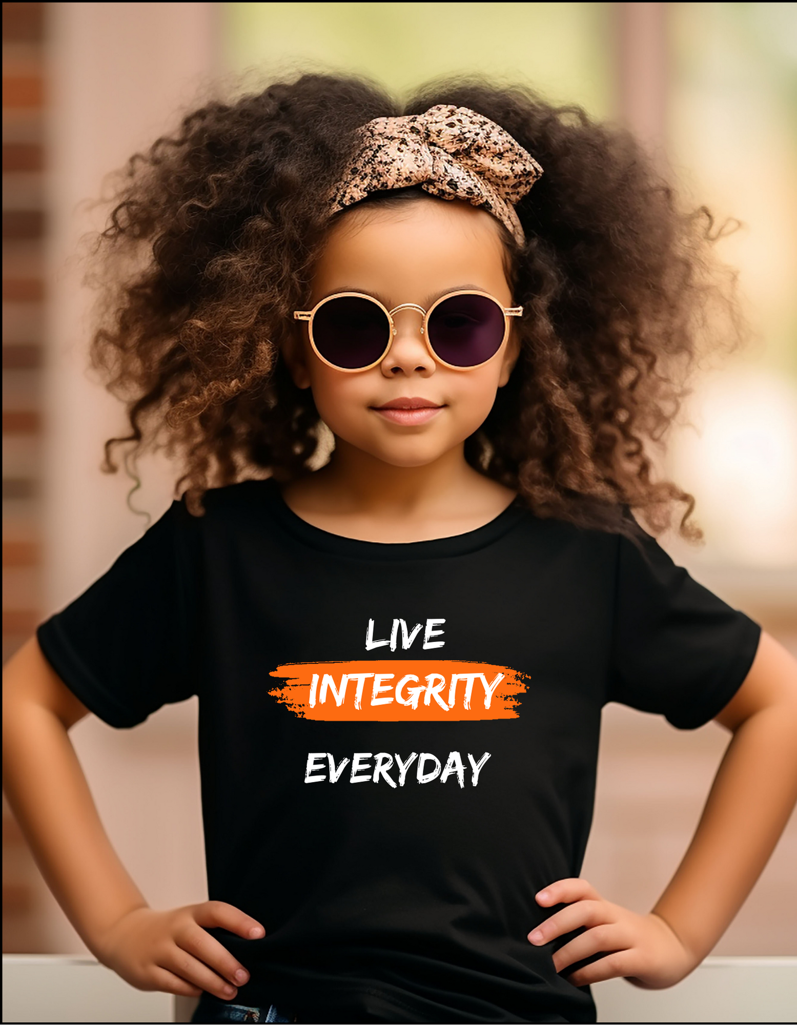 Youth girl  wearing black T-Shirt " Live Integrity Everyday" inspired images