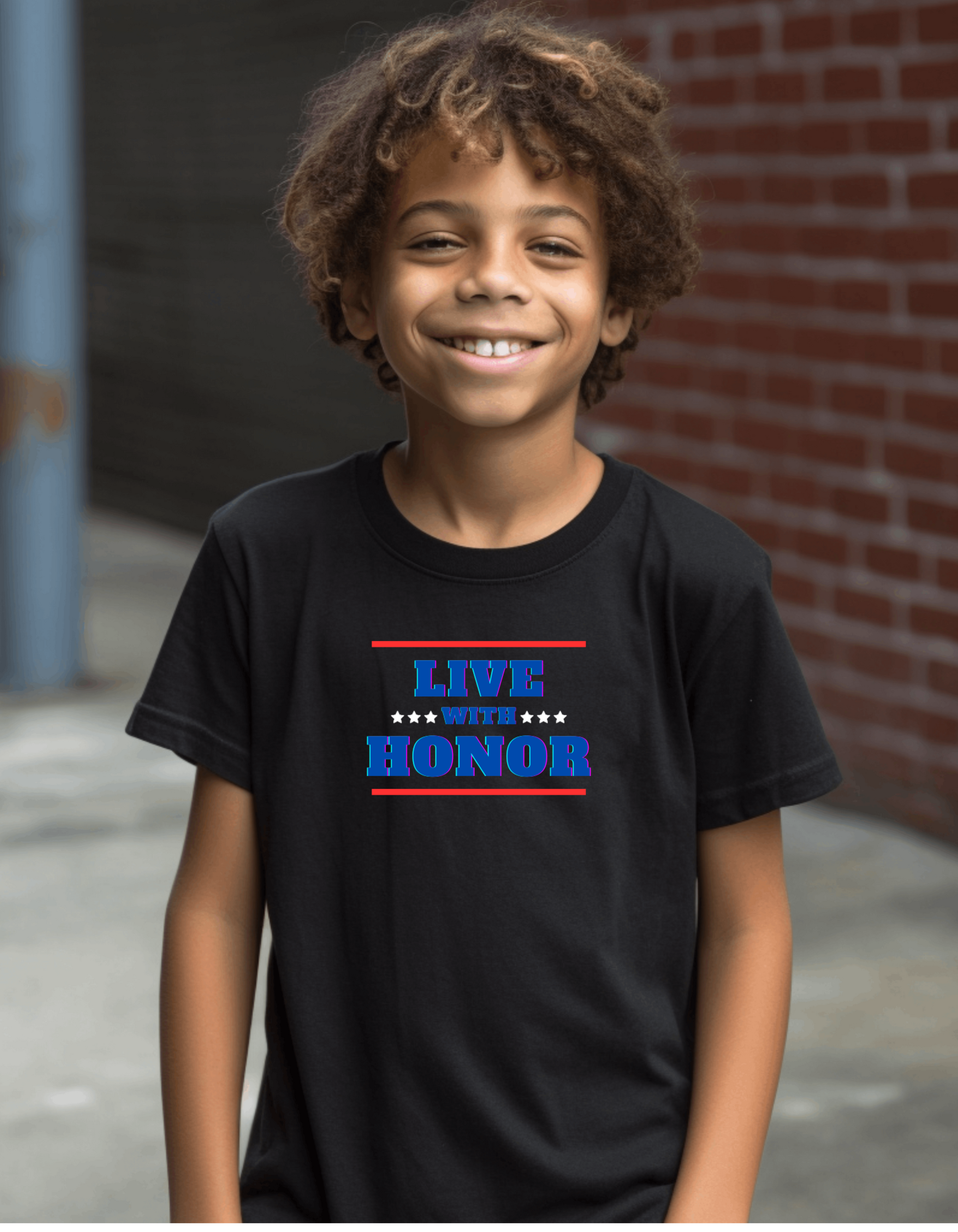 Youth boy wearing black T-Shirt " Live With Honor" inspired images