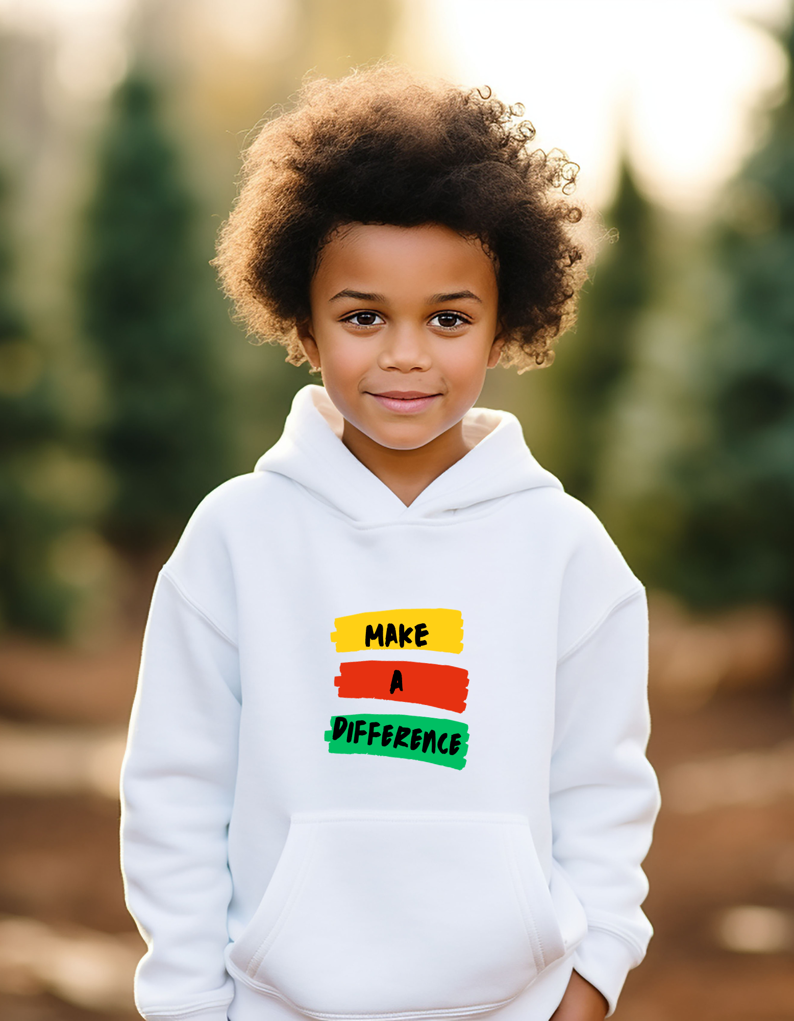Youth boy wearing white hoodie " Make A Difference" inspired images.