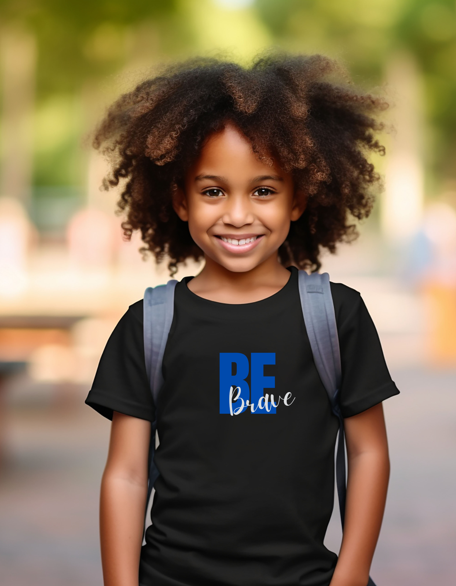 Boy wearing black T-Shirt with "Be Brave" motivational image on front.