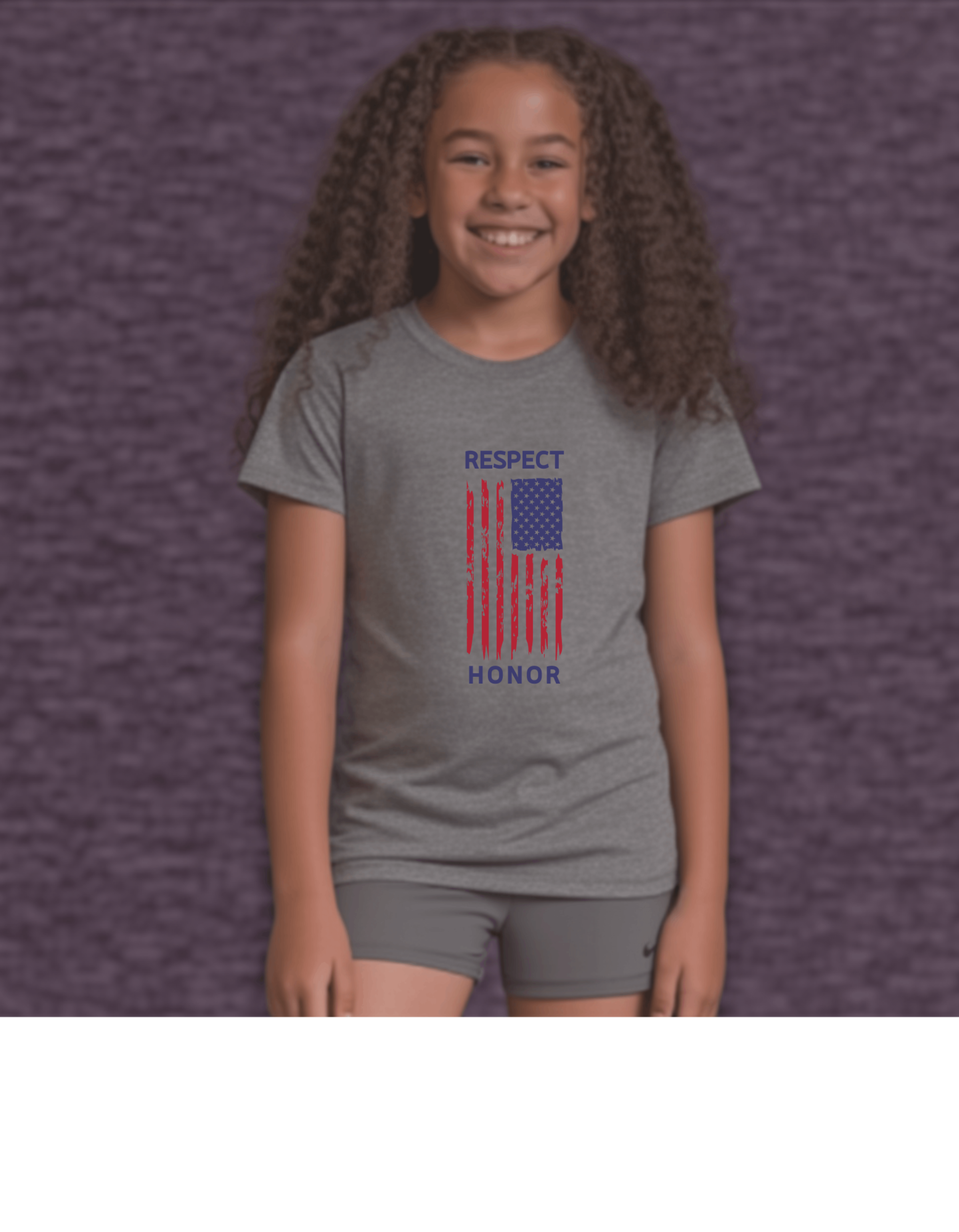 Youth Girl wearing sports grey T-Shirt with "Respect Honor" Inspired Rustic American Flag on front.