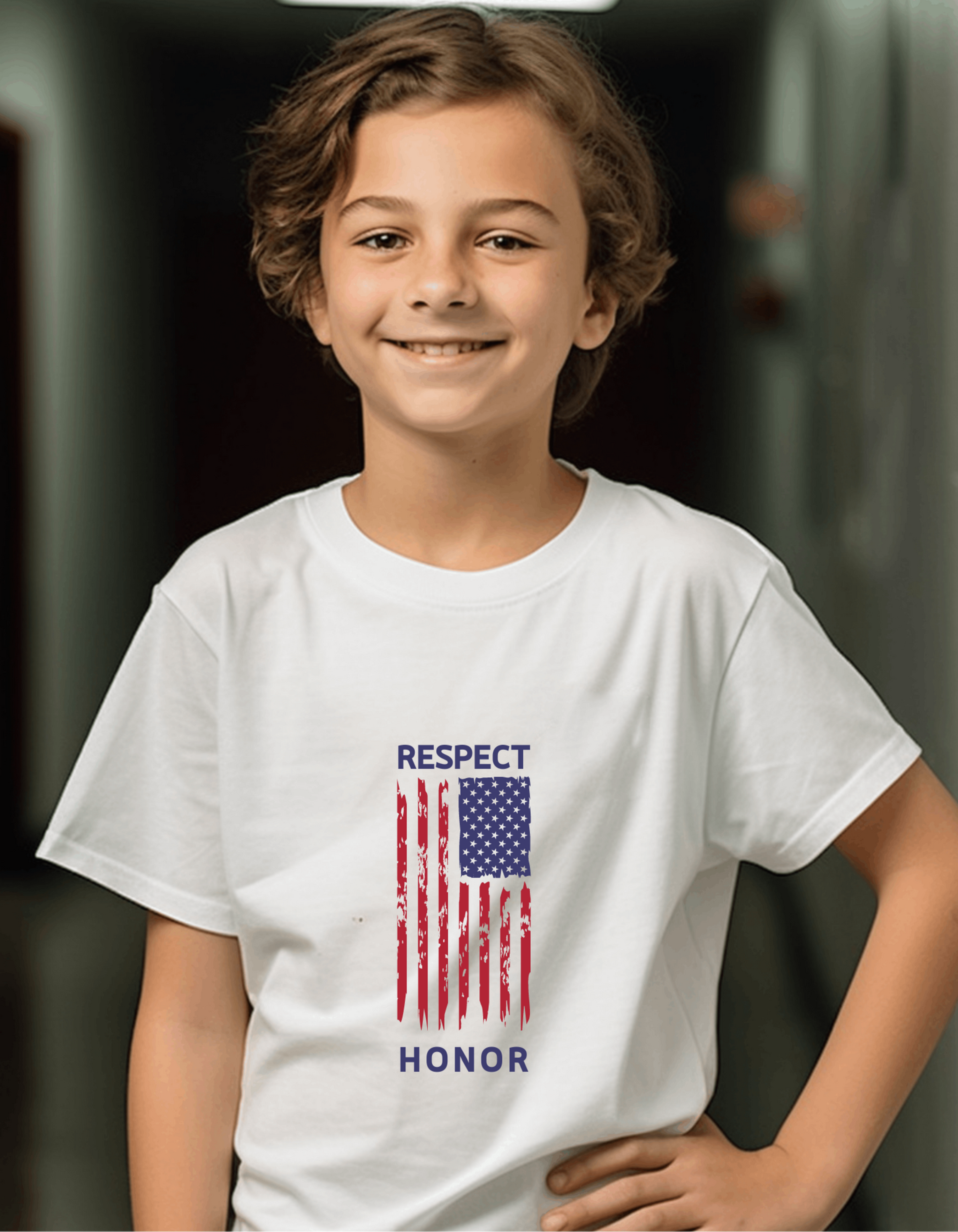 Youth Boy wearing white T-Shirt with" Respect and Honor" Rustic inspired American Flag graphic. 
