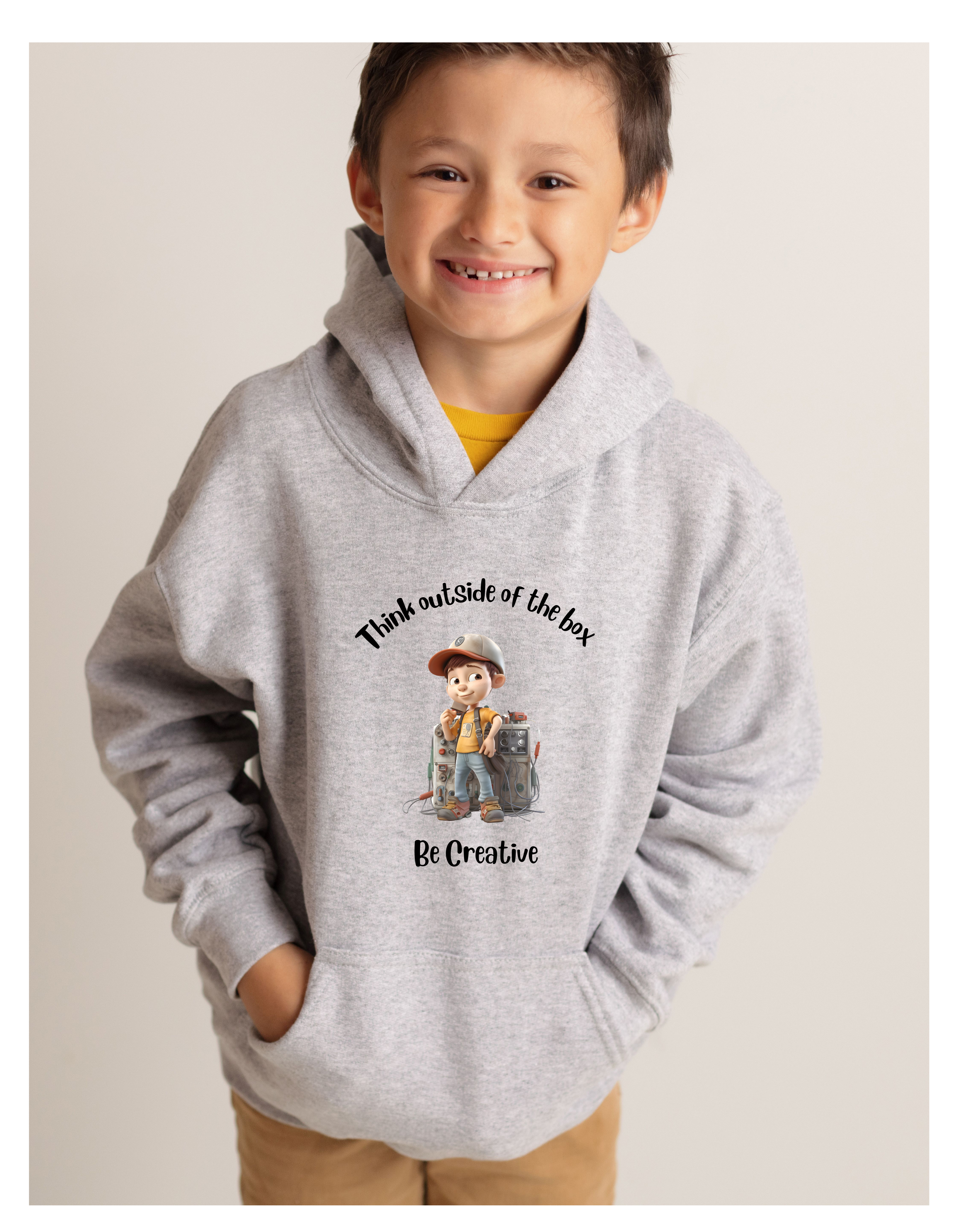 Youth Boy wearing grey hoodie with " Think outside of the box Be Creative" inspired graphic.