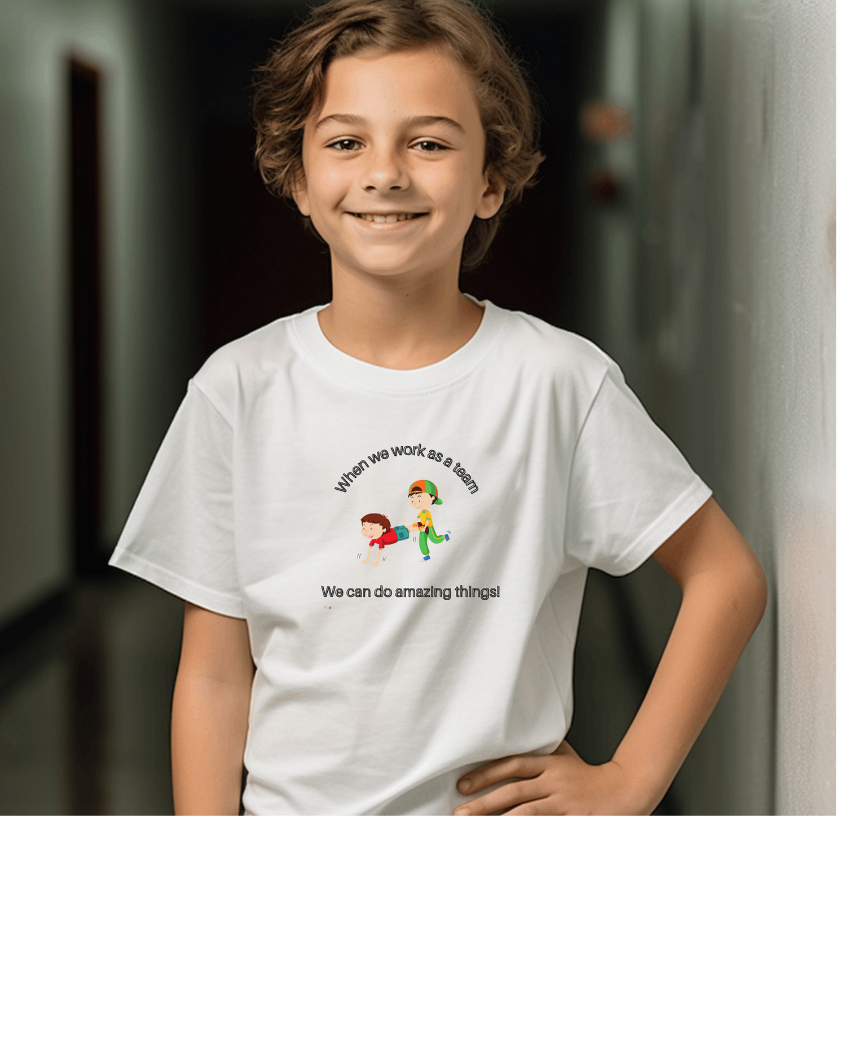 Youth Boy wearing white T-Shirt, with " When we work as a team we can do amazing things." Motivational graphic on front.