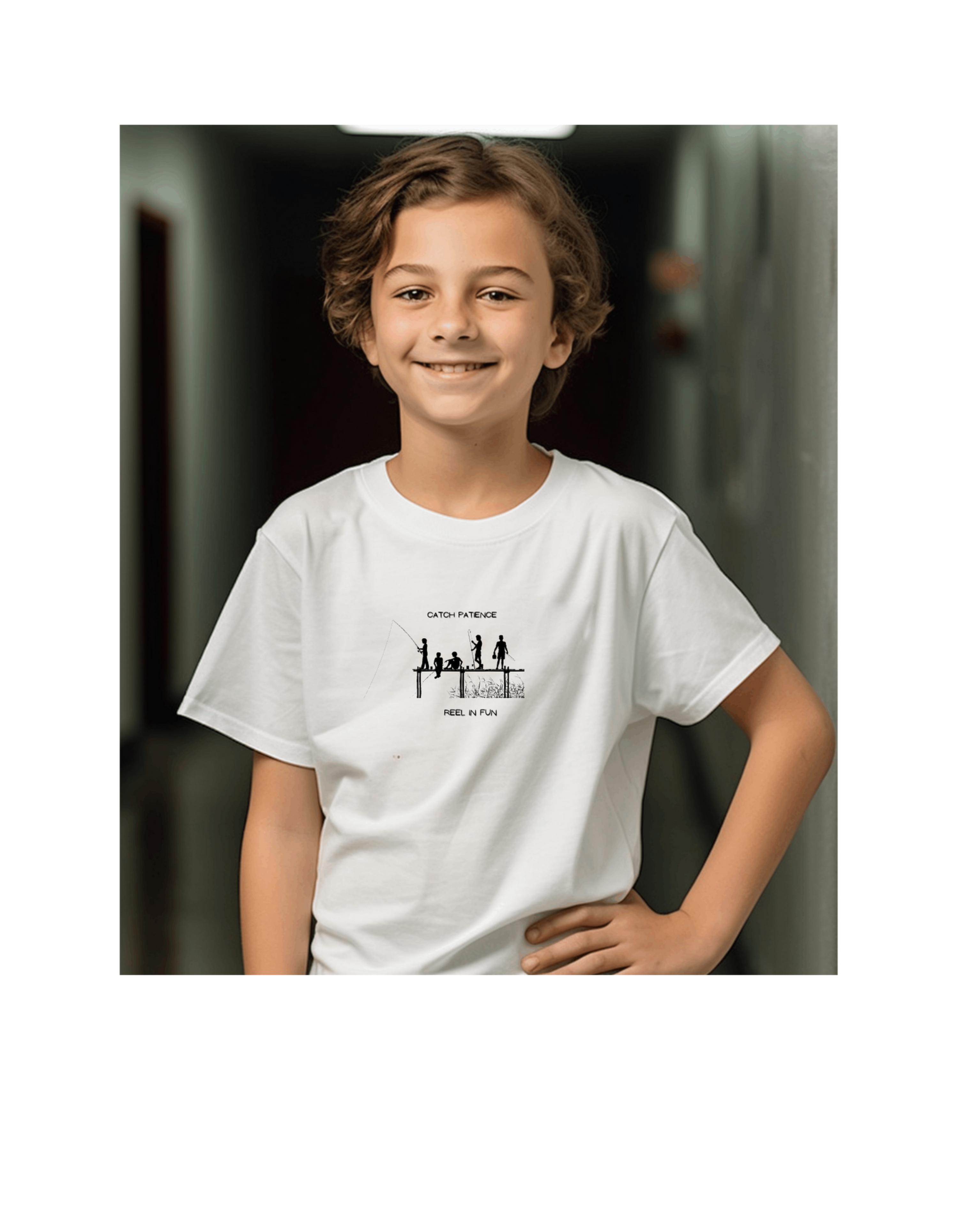 Youth Boy wearing unisex white T-shirt with "Catch Patience Reel in Fun" inspired graphic of people fishing.