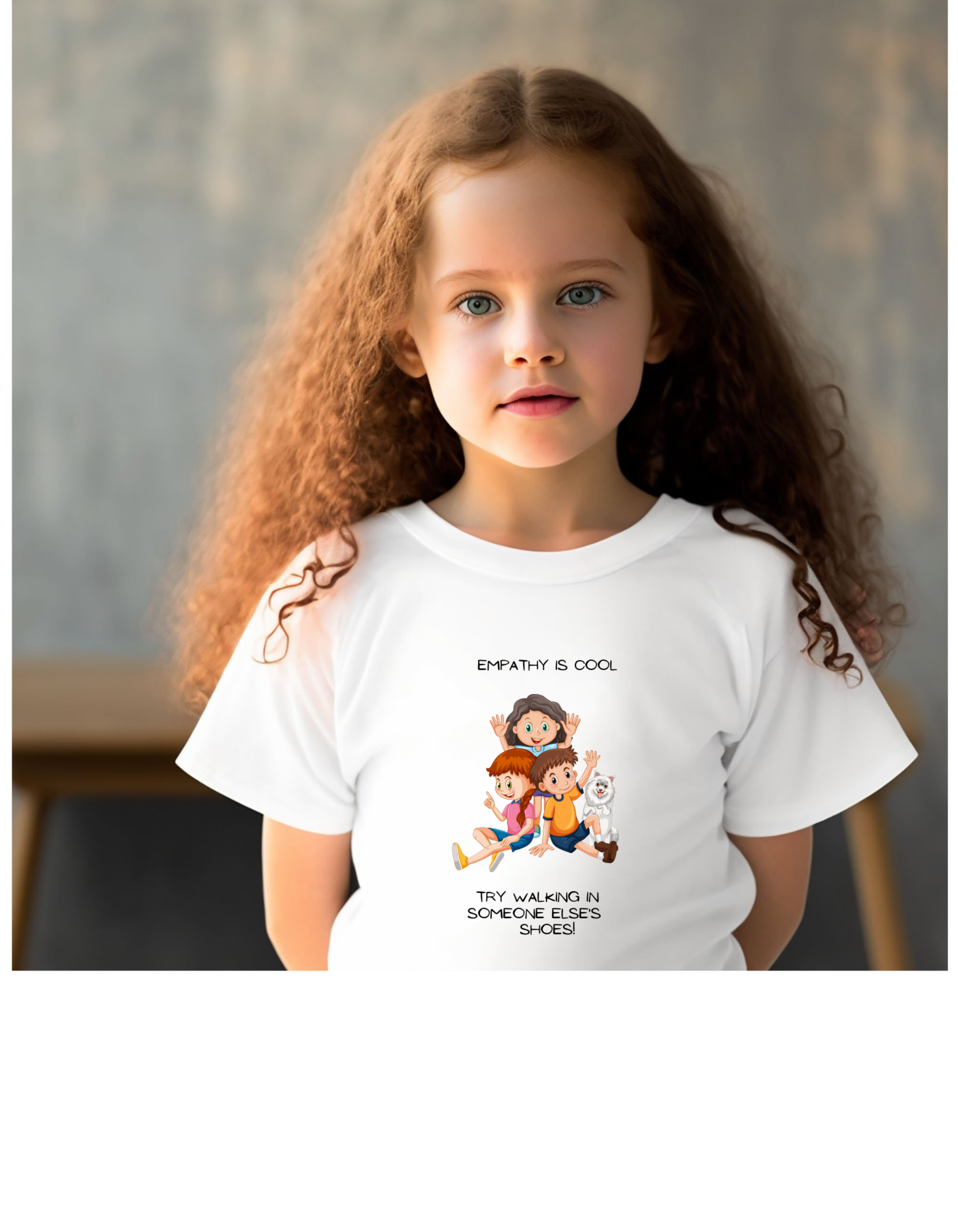  Youth girl wearing a white unisex T-Shirt with "Empathy Is Cool Try Walking In Someone Else's Shoes" Inspired 3 People and a dog graphic on front.