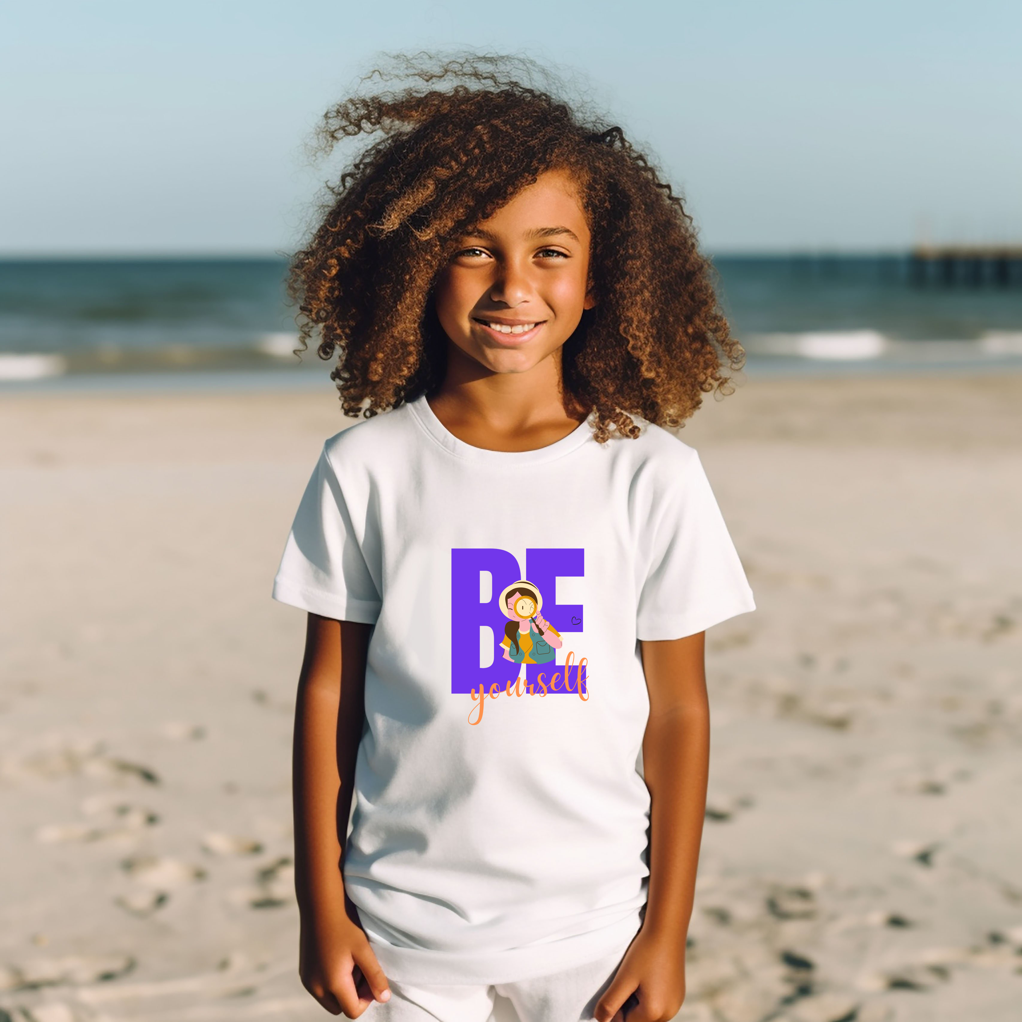 Youth Girls wearing white T-Shirt with "Be Yourself" motivational graphic on front.