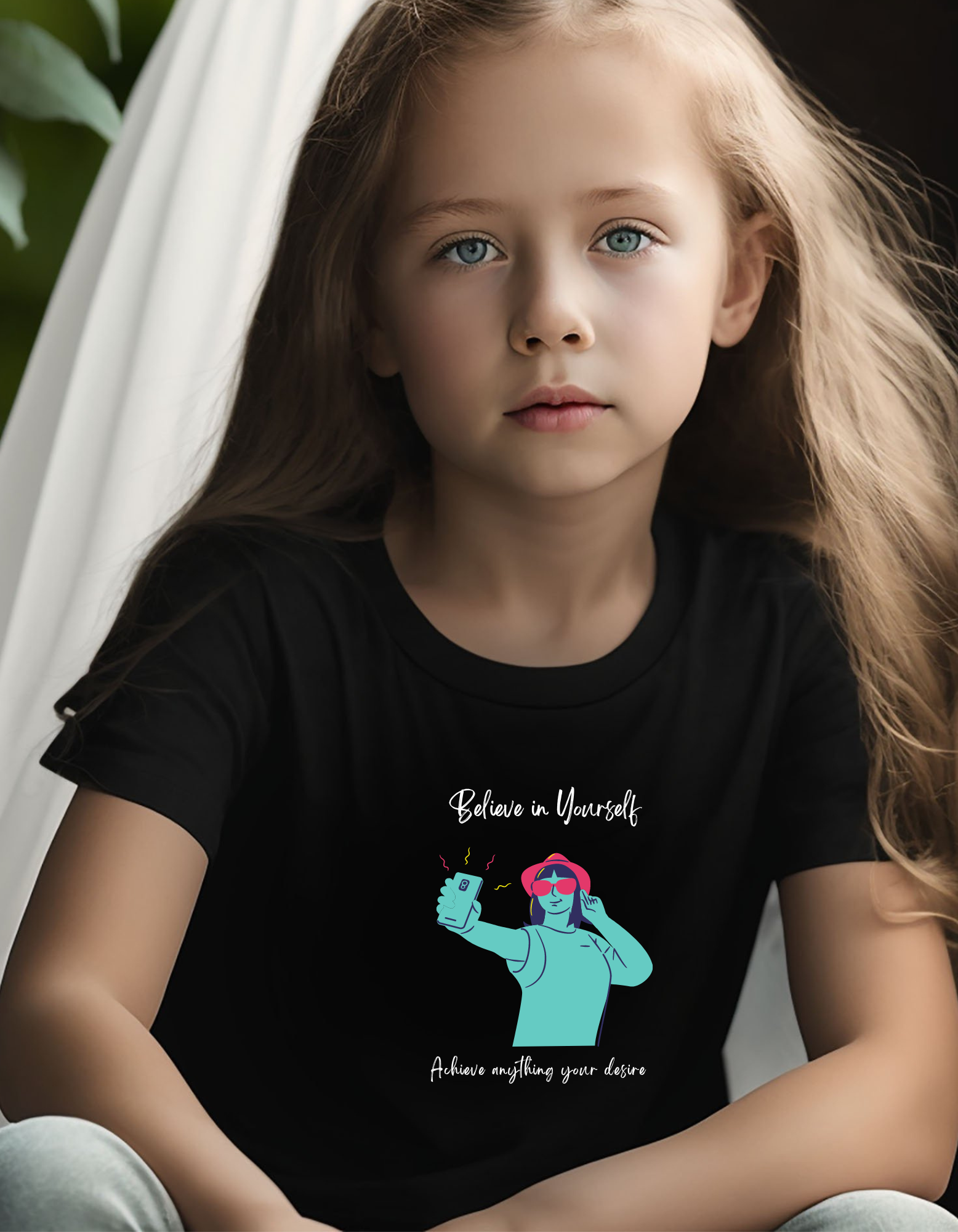 Youth girl wearing black T-Shirt with "Believe In Yourself Achieve anything your desire" motivational image on front.