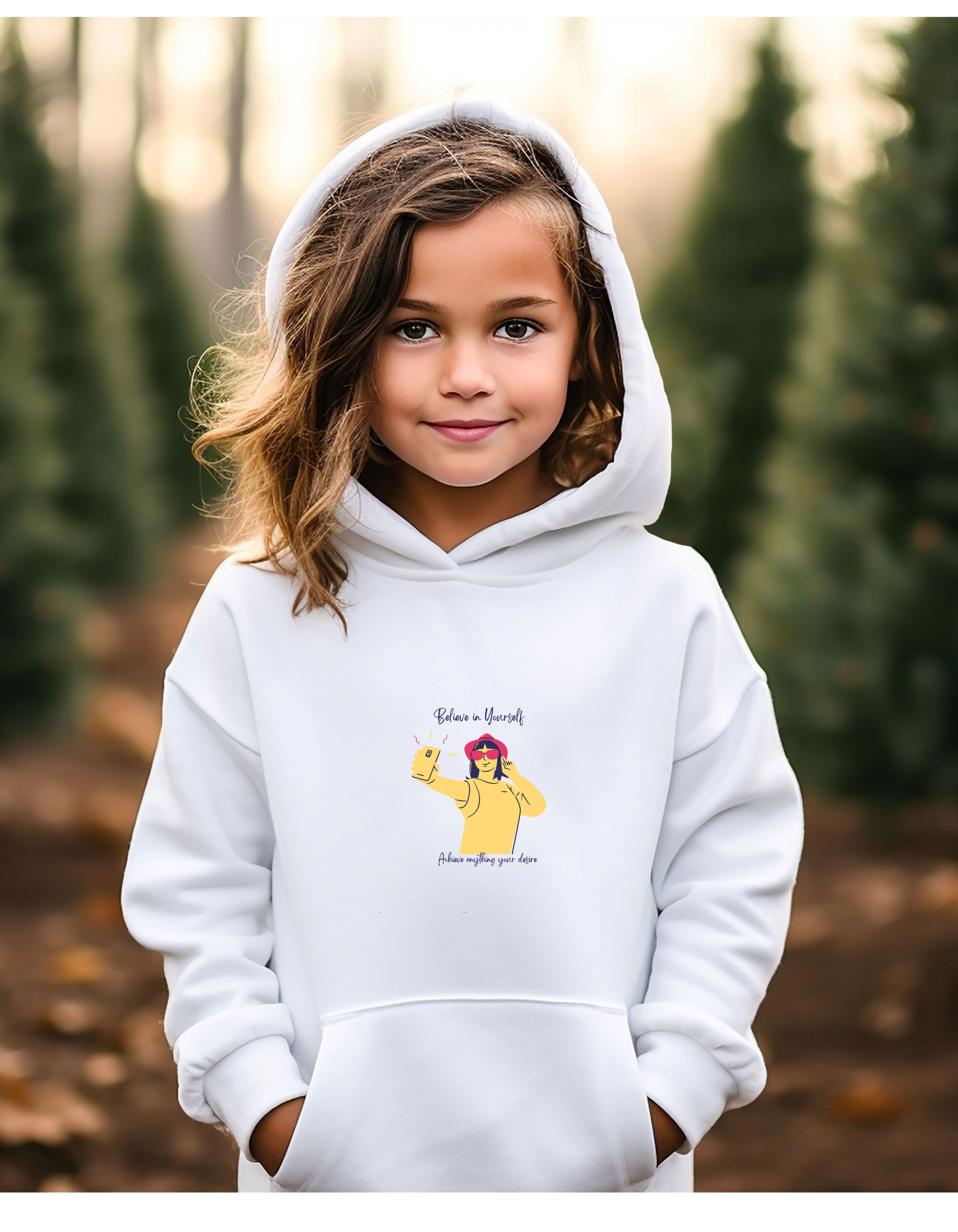 Youth girl wearing white hoodie with "Believe In Yourself Achieve anything your desire" motivational image on front.