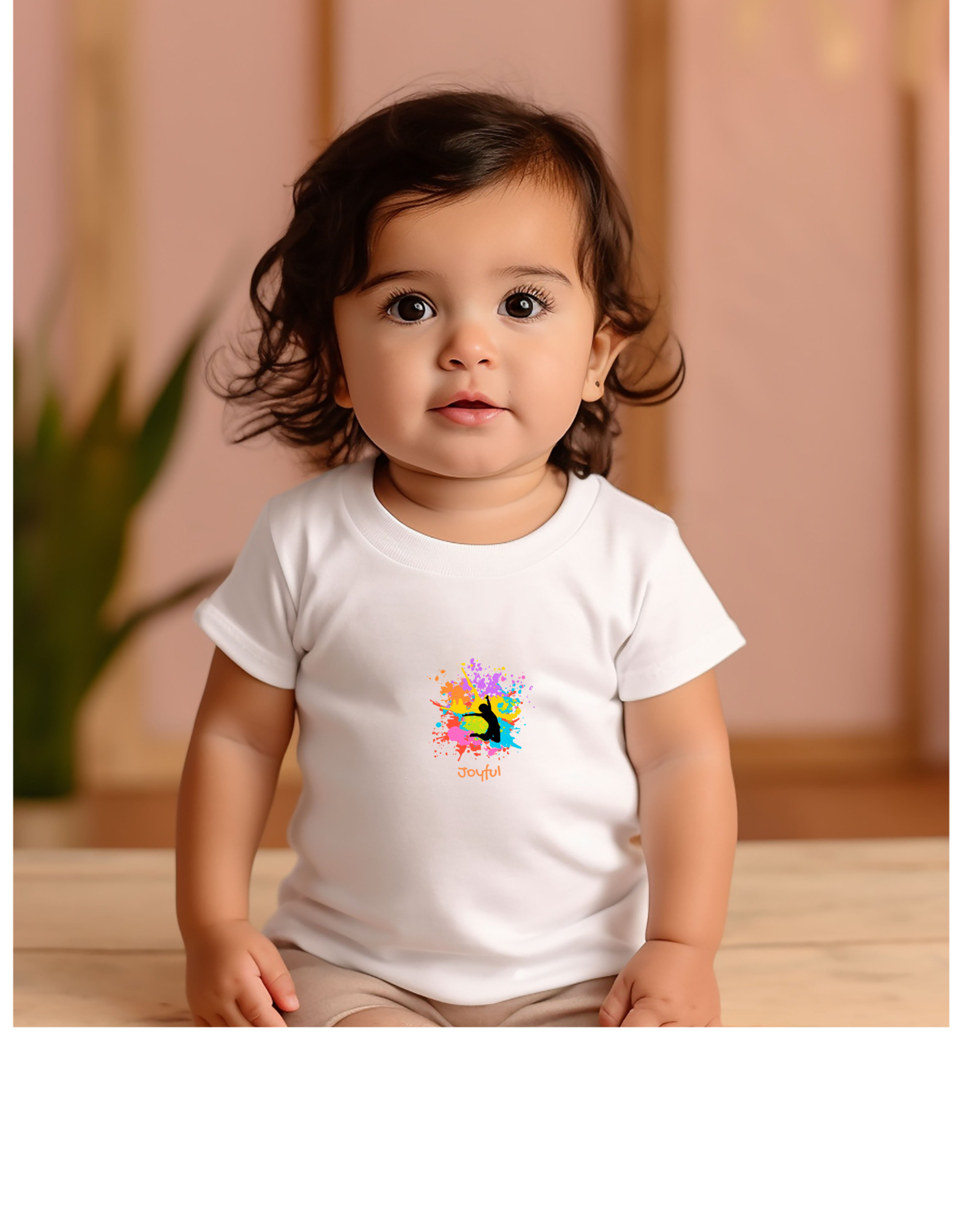 Infant girl wearing White T-Shirts with" Joyful" inspired graphic on front.