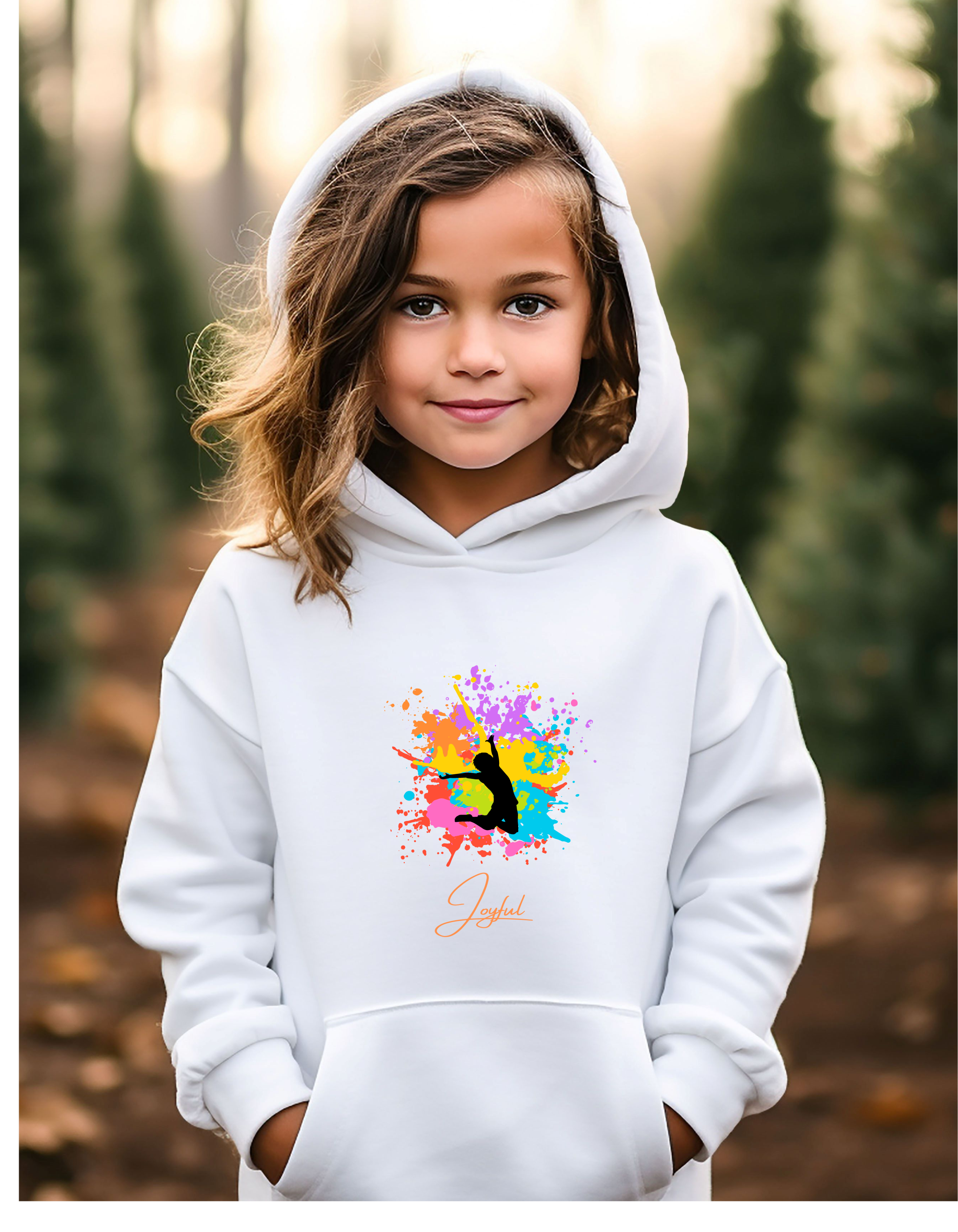 Youth girls wearing white hoodie " Joyful" with color splash